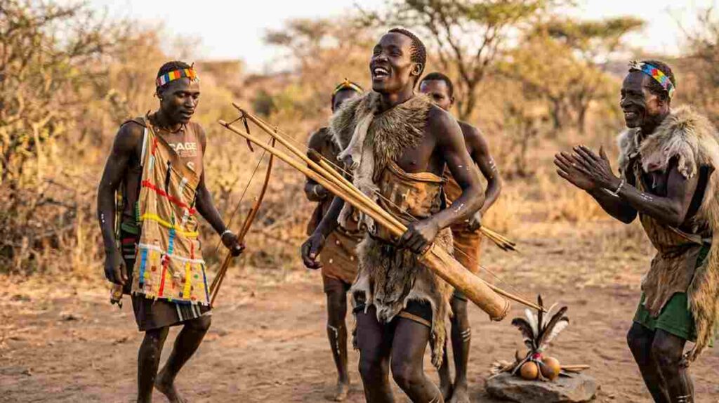 Tribal hunters walking through a dry forest after a successful hunt with bows and arrows in hand.